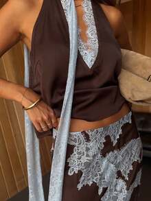Magic Mia Women's Chocolate Brown & Blue Maxi Dress - Halter Neck & Contrast Lace Trim & V-Neck | Romantic Retro Fit For Bridal Showers, Date Nights, Vacation Evenings For Effortlessly Feminine Stylish Looks - màu nâu - Xem 2