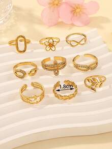 9pcs/Set Stainless Steel Gold-Tone Women's Open Ring Set, Flower, Infinity, Heart, Star & Moon Designs, Rhinestone Inlaid, Fashionable Petite & Delicate, Suitable For Daily Wear - Yellow Gold - View 4