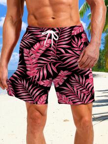 男士休闲树叶印花抽绳腰带沙滩短裤，夏季 - 彩色 - 查看 2