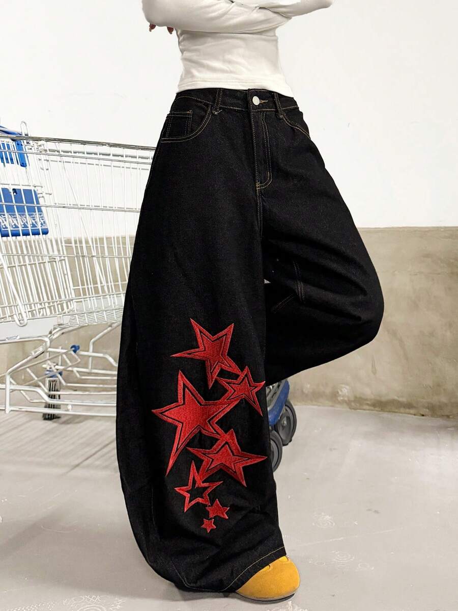 1pc Women's Vintage Street-Style Embroidered Curved Knife Loose Wide-Leg Jeans, Versatile For All Seasons (This Product Does Not Include Belt/Accessories) Spring Casual Black - Black - View 1