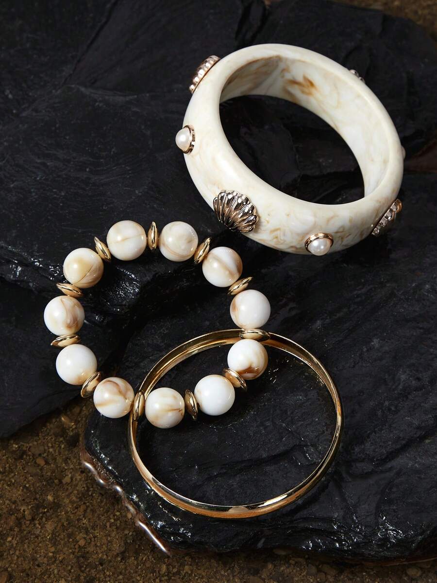 Opalesca 3pcs Bohemian Gradient Resin Multilayer Shell & Faux Pearl Bracelet/Bangle Set, Suitable For Women To Wear In Daily, Vacation, Casual Gathering, Party, Jewelry Gifts, Color Random - Multicolor - View 1
