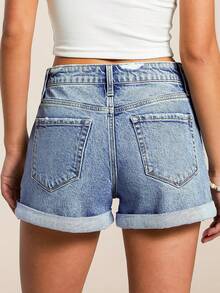 Summer Women's Mid-Rise Washed Denim Bermuda Shorts With Straight Leg, Slightly Stretchy Jean Shorts With Adjustable Waist And Patch Pockets - màu xanh nhạt - Xem 2