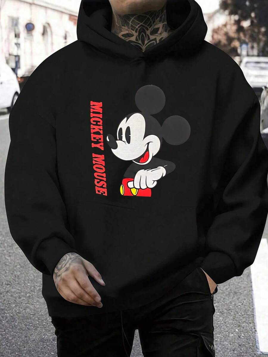 Disney Men's Casual Hoodie, Featuring Mickey Mouse's Classic Silhouette Print, With A Vintage Texture And A Vibrant Overall Look, Suitable For Daily Commuting And Friend Gatherings - Black - View 1