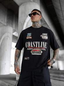Men's Coastline Performance Letter Slogan Graphic T-Shirt, Casual Street Vintage Racing Motorcycle Pacific Coast California Style, Black - Black - View 1