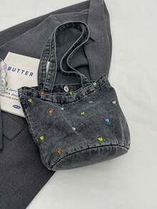 Vintage Denim Floral Embroidery Versatile Shoulder Bag, Student Lunch Bag, Bucket Bag For Women - Black - View 3