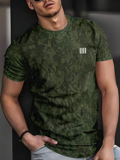 数码印花 - 男士新款印花T恤 - 橄榄绿和黑色撞色“III”标志圆领短袖，常规版型，可机洗，日常休闲舒适上衣 - 户外活动常规版型，街头风格 - 大胆的个性化设计图案 - 适合健身、高尔夫、旅行