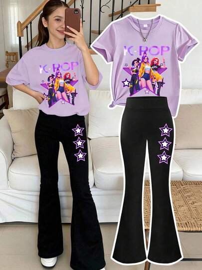2 piezas Conjunto informal para niñas, Camiseta oversize con eslogan neón "K-POP" y estampado de grupo de chicas, Pantalones acampanados a la cintura alta a juego con acento de estrella, Para volver a la escuela, conciertos, ocio diario, uso de verano