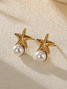 1 Pair Women's Elegant Starfish Faux Pearl Earrings, 18K Gold Stainless Steel Studs, Fashion Aesthetic Wedding Summer Beach Jewelry Gift - Yellow Gold - View 2