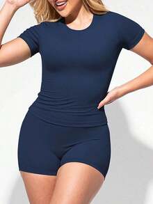 2 Piece Women's Solid Color Activewear Set, Crew Neck & Lapel Short Sleeve Tees With High-Waisted Biker Slim-Fit Shorts, High Stretch Gym Workout Outfit, Fitness Sportswear For Indoor Outdoor Casual Gym Fitness Workspace - 藏蓝色 - 查看 2