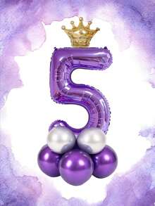10pcs 40-Inch Purple 0-9 Number Balloons Set, Gold Crown Balloons, Metallic Silver & Purple Latex Balloons, Suitable For Birthday Party, Event Decoration - Multicolor - View 3