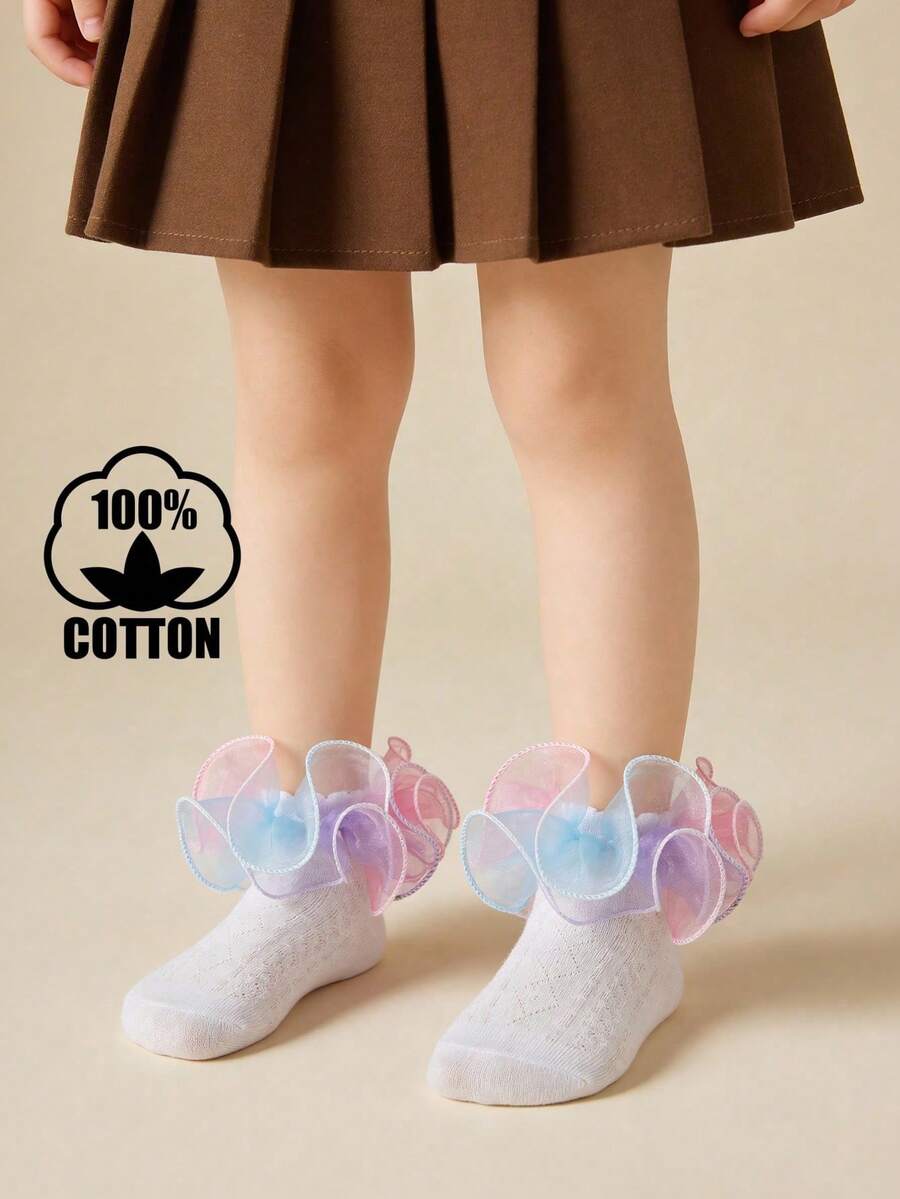 1 Pair Cotton Breathable Colorful Lace Trim Short Socks, Suitable For Girls, All Seasons, Dancewear Accessory
