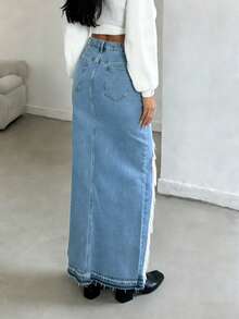 Women's High Slit Distressed Ripped Denim Maxi Skirt - Irregular Frayed Fringe Hem Pocketed Denim Skirt, Spring/Summer Daily Versatile Women's Clothing - Rửa trung bình - Xem 2