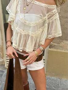Women's Sheer, Wide-Neck, Cutout Top With Ruffled Hem; Women's Beach Cover-Up Top; Women's Versatile Sheer Street Style Top. - 象牙白 - 查看 1