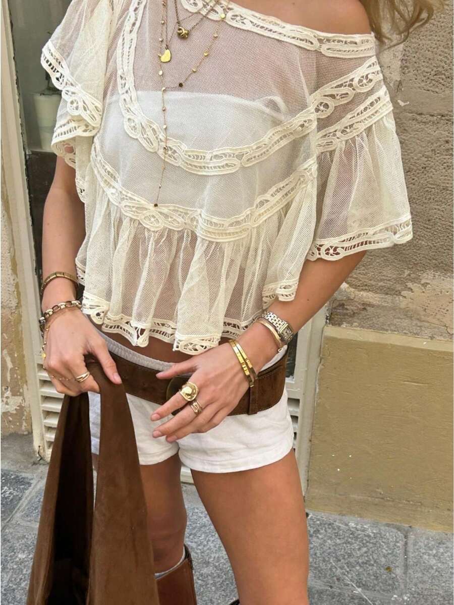 Women's Sheer, Wide-Neck, Cutout Top With Ruffled Hem; Women's Beach Cover-Up Top; Women's Versatile Sheer Street Style Top. - 象牙白 - 查看 1