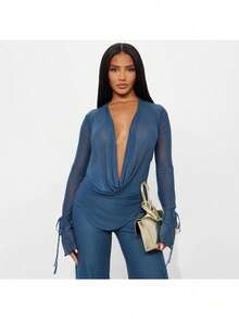 2026 New Women's Fashion Sexy Mesh Swinging Neck Strap Long Sleeve Top Slim Pants Set - Màu xanh lam - Xem 6