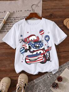 Disney Pixar Cars Lightning McQueen & Mater Patriotic USA Flag 4th Of July Printed Pattern T-Shirts For Girls - Children's Clothing Design Short-Sleeved Casual And Cute Style Comfortable And Casual Wear All Year Round Suitable For Parties And Play Machine Washable Gift Children's Clothing Girls' Short-Sleeved Shirts - trắng - Xem 2