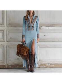Autumn Ladies Retro  Tassel Floral Zipper Dress Long Dress - Màu xanh hải quân - Xem 2