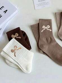 6 Pairs Children's Solid Color Bow Design Mid-Calf Socks, Spring/Summer - Multicolor - View 2
