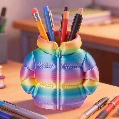 1pc 3D Printed Puffer Jacket Pen Holder, Creative Desktop Decor, Home Accessory, Gift