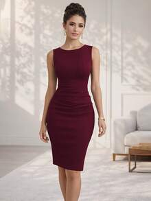 Women Elegant Simple Sleeveless Bodycon Dress - 酒紅色 - 查看 1