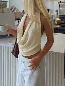 Blusa sin espalda con cuello alto y sin mangas, estilo sexy y hueco, para vacaciones - Beis - Ver 3