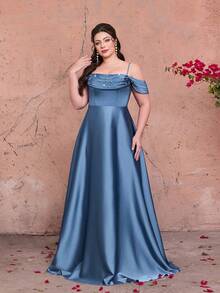 Vestido de dama de honor elegante de talla grande Mgiacy, con cuello, tirantes de espagueti, dobladillo con volantes, decoración de perlas, satén, gasa, adecuado para baile, boda, fiesta, invitado de boda, gala nocturna, vestido de fiesta elegante para mujer, vestido maxi elegante para mujer, vestido de verano primavera - Neblina azul - Ver 1