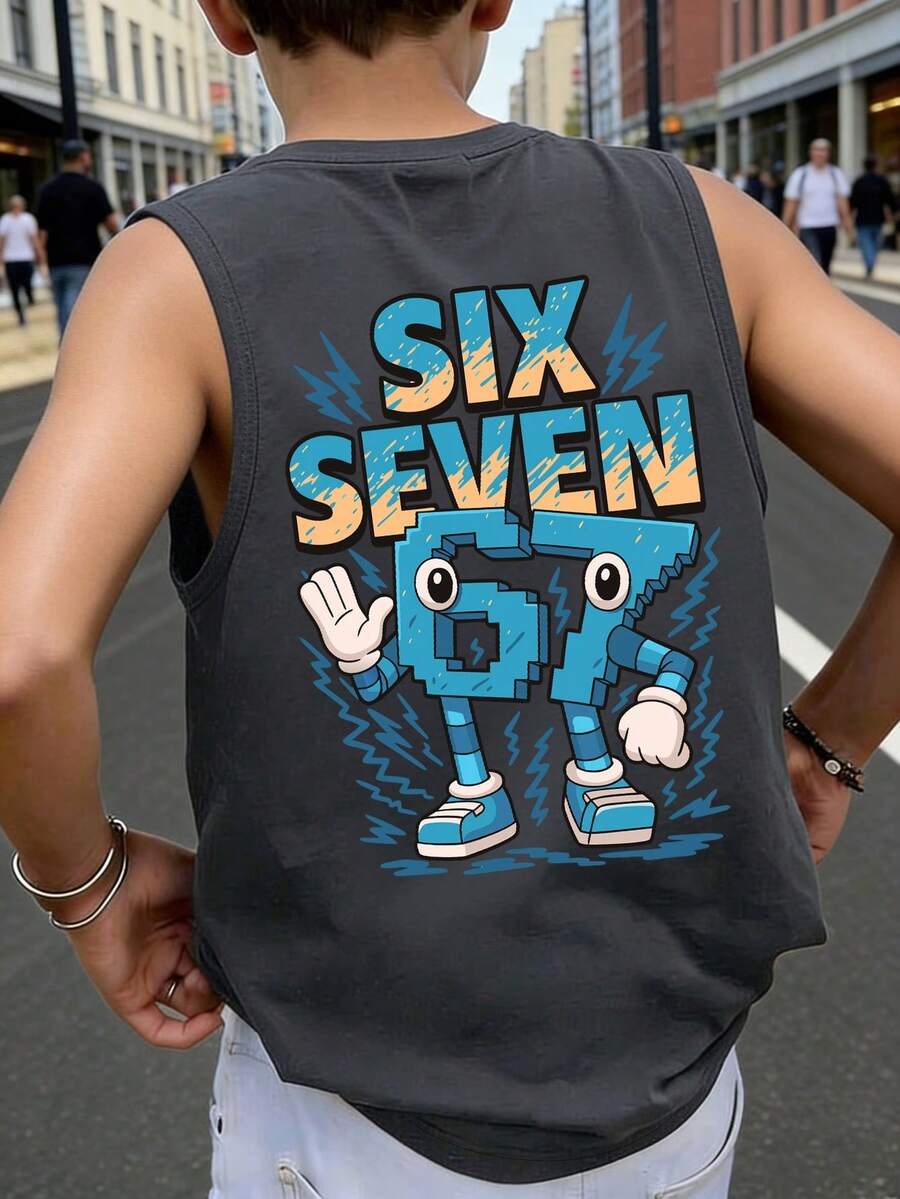 Áo tank top không tay dành cho nam thiếu niên, in hình số hoạt hình "67" dạng pixel, khẩu hiệu "SIX SEVEN", điểm nhấn graffiti tia sét, kiểu dáng rộng rãi thoải mái, thích hợp cho đi học, chơi game, mặc thường ngày và mặc mùa hè. - Màu xám đen - Xem 1