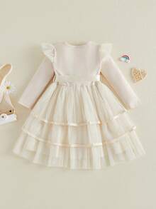 Toddler Dress Girls Ruffle Long Sleeve Layered Tulle Dress Fall Spring Fashion Party Dresses 3-10T, Kids Holiday Birthday Wedding Outfit - 杏色 - 查看 8