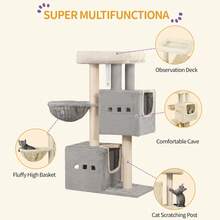 HaluPeit 98 Cm Scratching Post, Cat Tree, Small Scratching Post, Multi-Storey Scratching Post With Perch, Cat House Furniture With 2 Caves, Sisal Cat Scratching Post, Hammock, Cave - 淺灰色 - 查看 3