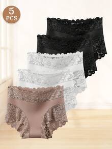QUASTI 5-Piece Set Of Women's Briefs, Sexy Lace Print Design, Comfortable And Skin-Friendly, Breathable And Natural, Perfect For Holiday Gifts - 彩色 - 查看 5