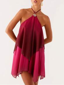 Women Ruffle Halter Neck Mini Dress Sheer Mesh Layered Open Back Dress Y2K Tiered Tie Back Going Out Dresses - 玫紅色 - 查看 1