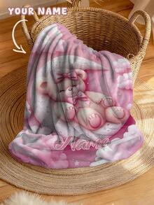 1pc Customizable Personalized Text Cute Bear Pattern Commemorative Blanket, Suitable For Home Sofa, Bed And Bedroom - Multicolor - View 4