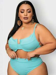 Plus Size Half Cup Bikini Set With High Waist And Adjustable Ties - Ana Ruga Women's - Baby Blue - View 2