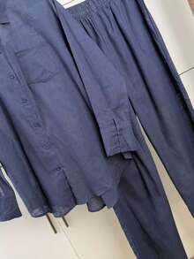 Linen Shirt And Pants Set (2 Pieces), Lined With Elastic. - Dark Wash - View 2