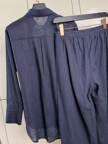 Linen Shirt And Pants Set (2 Pieces), Lined With Elastic. - Dark Wash - View 4