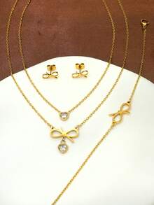 Damen Schmuckset, Cut Out Schleifenherz Anhänger Mehrschicht Halskette Armband Ohrringe, eleganter und raffinierter Schmuckgeschenk für Valentinstag, Muttertag, Geburtstag, Abschlussfeier, geeignet für Frauen und Teenager-Mädchen - Verschiedenfarbig - Übersicht 2