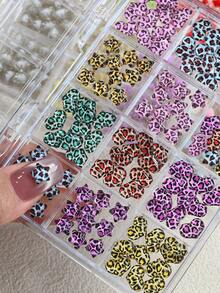 12 Grids 3D Leopard Print Star Heart Shaped Nail Art Charms Pink Blue Yellow Dopamine Ice Transparent Resin Love Heart Flatback Nail Rhinestones Valentines Day DIY Nail Accessory - Multicolor - View 3