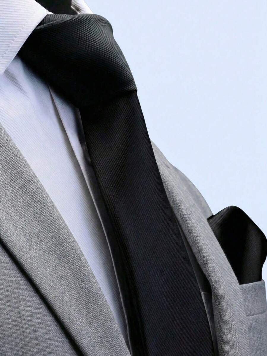 男士深绿色 3.15 英寸领带和口袋巾套装，商务婚礼纯色领带和手帕套装 - 黑色 - 查看 1