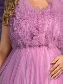 Faeriesty Gaun Pesta Maxi Tanpa Lengan Leher V Ukuran Plus Elegan untuk Ibu Hamil, Desain Berkerut Menambah Pesona Feminin (Lapisan yang Indah), Cocok untuk Pernikahan Musim Semi, Perayaan Hari Ibu - Purple - View 7