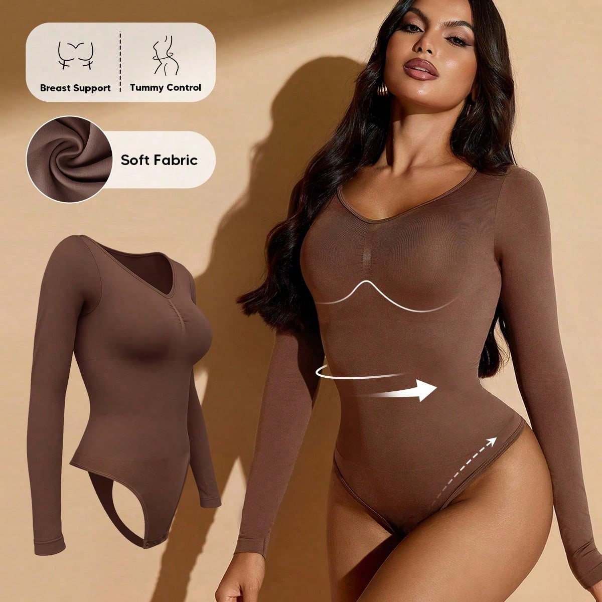 Pieza Body de manga larga con control de abdomen y elevación de busto para mujer
