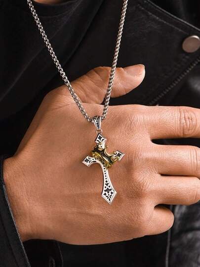 1件复古皇冠十字架吊坠项链，男士嘻哈项链