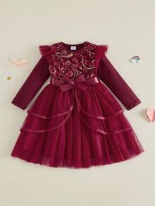 Toddler Dress Girls Ruffle Long Sleeve Layered Tulle Dress Fall Spring Fashion Party Dresses 3-10T, Kids Holiday Birthday Wedding Outfit - 紅色 - 查看 7