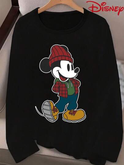 Disney Camiseta casual para mujer de talla grande, con estampado de Mickey Mouse, cuello redondo, manga larga, de tela elástica lavable a máquina, ropa cómoda | Moda urbana | Estilo casual