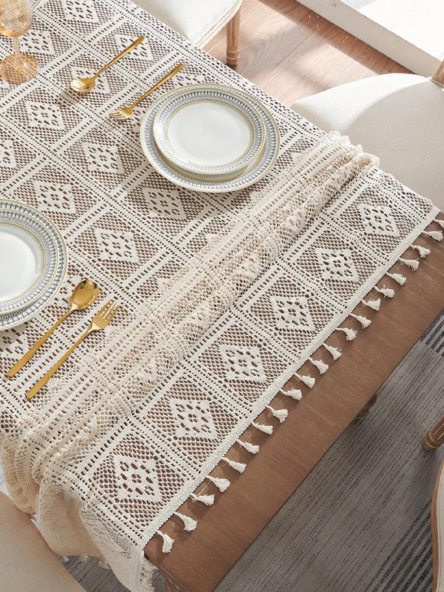 1pc American Retro Minimalist Polyester Linen Tassel Tablecloth, Heat-Resistant Rectangular Tablecloth Suitable For Kitchen, Dining Table, Coffee Table, TV Cabinet, Family Gathering, Outdoor Picnic - Multicolor - View 1