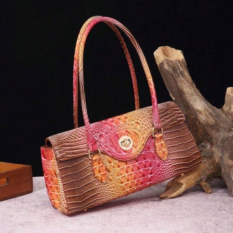 Bolso de Mano Retro Tipo Baguette (Bajo el Brazo) para Mujer - Diseño de Textura de Cocodrilo Boho Chic - Colores Pastel - Añade 6