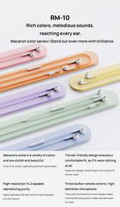 The RM-10 Wired In-Ear Headphones Feature A Comfortable In-Ear Design, Rich Sound Quality, A Stylish Macaron-Colored Exterior, A Three-Button In-Line Control, And A High-Definition Microphone For Convenient Calls And Music Playback. They Are Compatible With Apple, Huawei, And Xiaomi Devices. - Multicolor - View 8