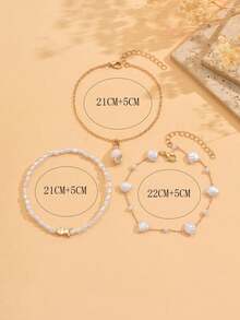 Set de 3 piezas Estilo océano de verano Colgante de tobillera con perlas falsas, pequeños peces de metal y conchas marinas, Joyería de cadena hecha a mano con perlas falsas y conchas, Adecuado para uso diario y viajes a la playa - Multicolor - Ver 4