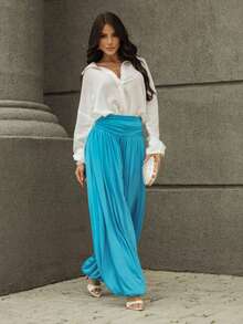 Aladim Fashion High-Waisted Elegant Wide-Leg Pants In Fluity Fabric - 綠松石藍 - 查看 3