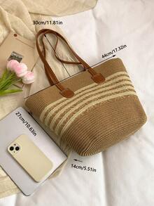 1pc Large Capacity Casual Patchwork Straw Tote Bag, Portable Shoulder Handbag Suitable For Beach, Vacation, Travel, Great Gift For Family, Friends, Loved Ones - Multicolor - View 4