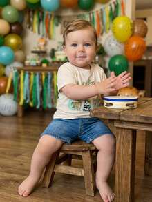 Conjunto de primer cumpleaños para bebé niño, camiseta de manga corta con cuello redondo y estampado animal de una letra salvaje, ropa de verano para niños pequeños - Beis - Ver 5